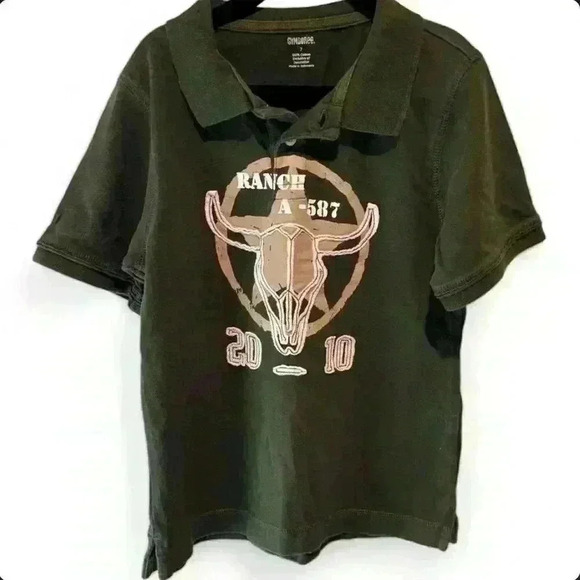 Vintage Gymboree Kids Polo Shirt Size 7 Green w/Steer Skull Graphic - Picture 1 of 7